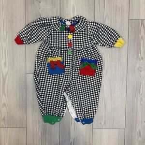 Vintage Buster Brown Baby Girls 18m One Piece Romper Black White Plaid Colorful